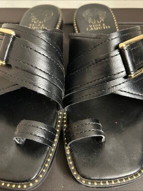 Vince Camuto Black Leather Slide Sandals with Gold Stud Accents